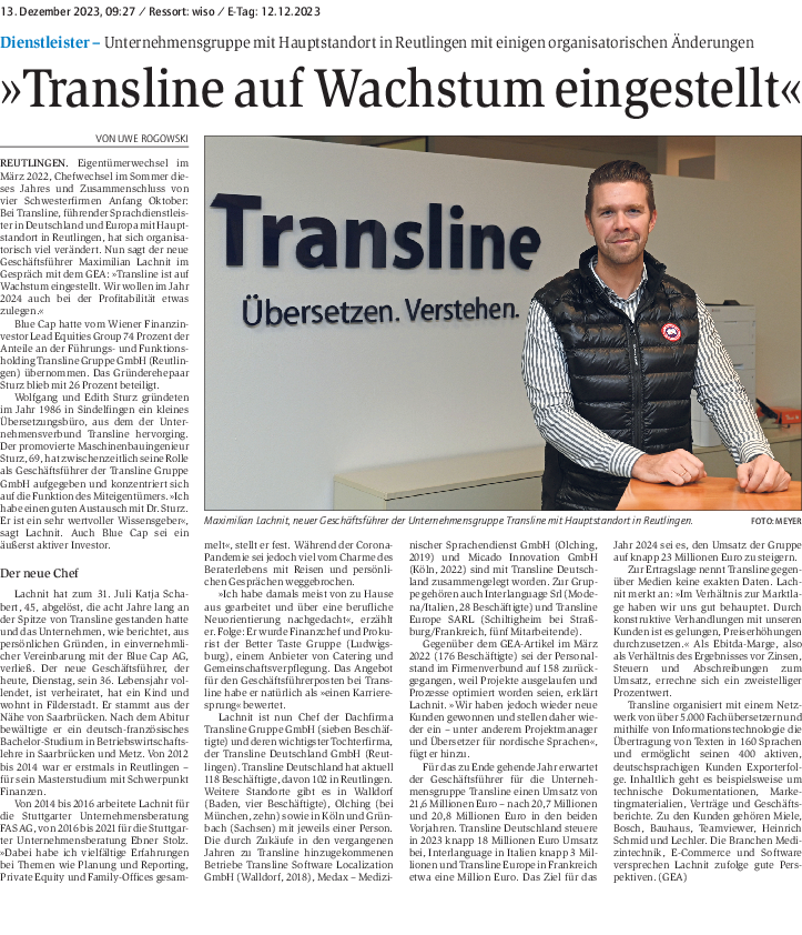 Zeitungsartikel: "Transline auf Wachstumskurs eingestellt" - mit freundlicher Genehmigung des GEA
